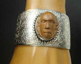 Handcarved Wood Mans Face on 1970s Silvertone Metal Cuff Bracelet, African Native Man, Unusual Piece