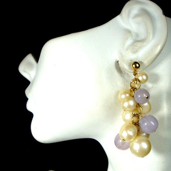 SALE, Long White Pearl n Lavender Grape Bunch Dan… - image 1