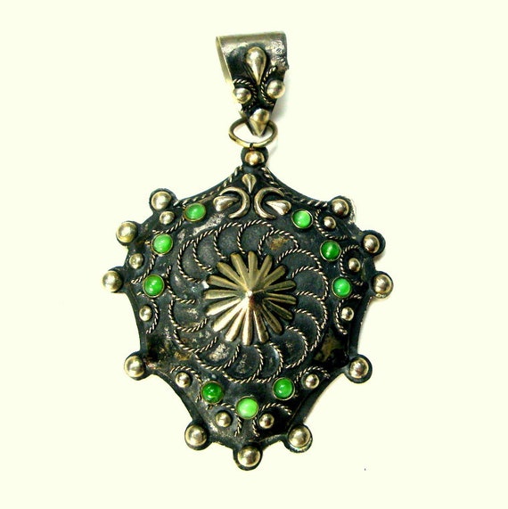 Pendant, Medieval Style Alpaca Silver Turquoise G… - image 5