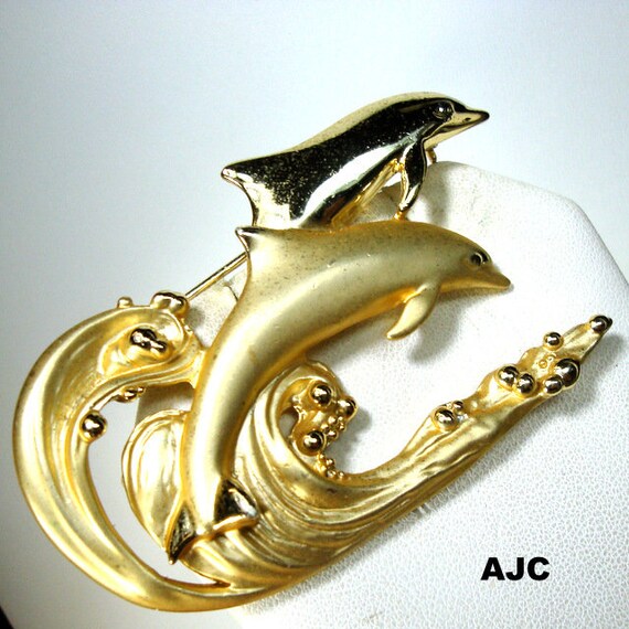 Broche Double Dauphins Liz Claiborne - Argent Et Or - Bijou Vintage - Occasion