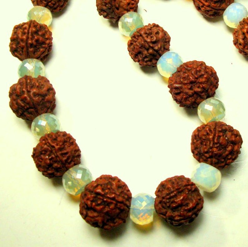 5 Mukhi Rudraksha Sacred Bead Necklace Seeds /& Faceted Opalescent Milk Glass Beads OOAK by Rachelle Starr For The Spiritual Warrior