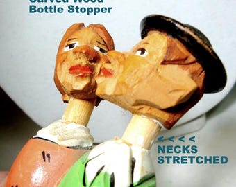Wood Wine Cork, Vintage Hand Carved & Painted, Italian Peasant Couple, 1960s Bottle Stopper