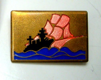 SALE, Nautical Battleship Pin, Side BY Side w Ancient War Sailing Ship Brooch, High Seas Military, Enamel on Brass