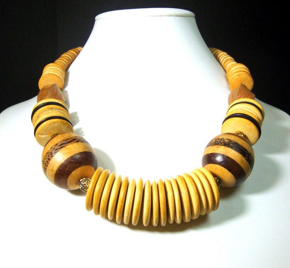 Big Striped Wood Round Bead Focals On Tan All Woo… - image 6