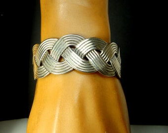 Woven Silver Cuff Bracelet,  Geometric Stylized Dynamic Metal Jewelry 1980s