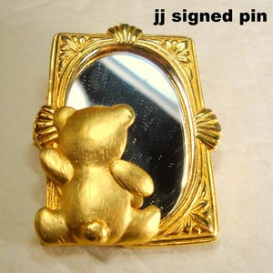 Vintage JJ Teddy Bear Brooch,  Cutie Peering Into a MIRROR Pin, Unused, Goldtone, Late 1980s , I Love ME, Seated Stuffed Animal in Goldtone