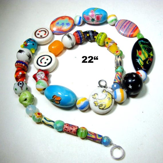 Handmade Porcelain & Glass Beads Necklace by Rachelle Starr, Hippie Boho Bead Soup, 22" Long View 4