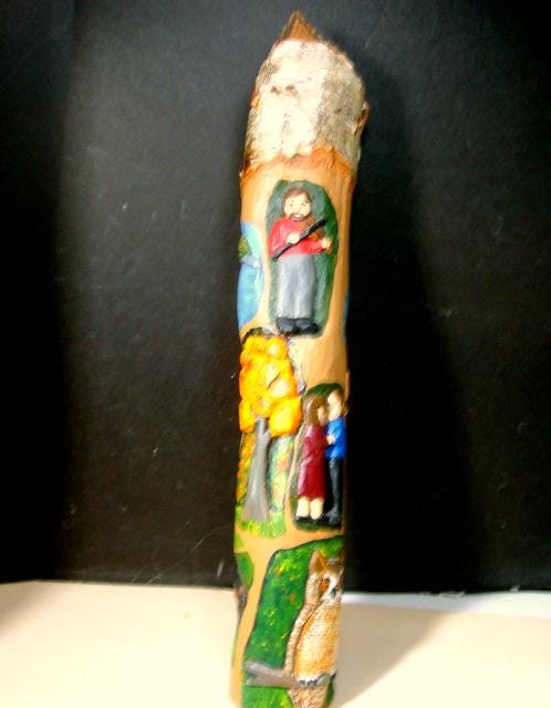 Vintage 1980s Carved Birch Branch Art: Canadian Owl, Beaver, Deer