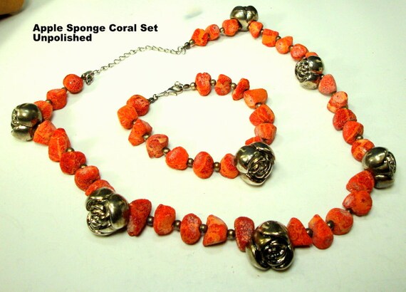 Sponge coral beaded necklace and earrings set natural vibrant orange red sponge coral beads and Tibetan silver spacer beads