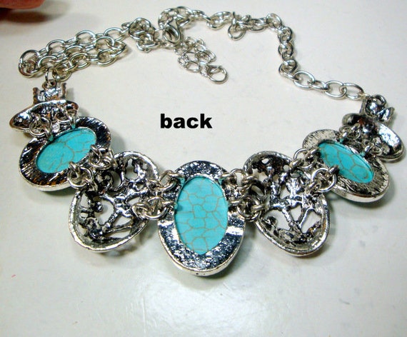 Turquoise & Silver Color Linked  Bib on Chain Nec… - image 7