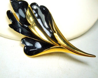 SALE, Large Black & Gold Leaf Pin,  Elegant Enamel Curled Brooch, 1980s