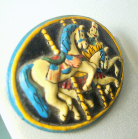 Carousel Horse Pin, 1960s , Hand Painted Oval Res… - image 3