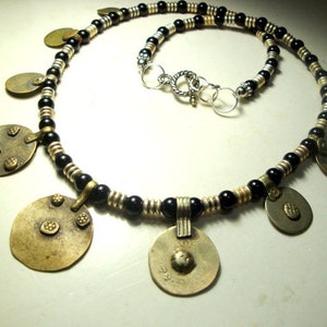 Tribal Coin Charm Necklace: Old Silver Circles, Black Glass Beads