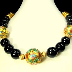 Colorful BIG Chinese Cloisonne Flowers On Gold Focal Beads and Black Glass Necklace,, A BEAUTY....OOAK  Rachelle Starr Original