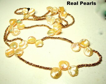 LUCAS LAMETH Signed,Lustered Petals Of Real Fresh Water Pearls,  Goldtone Metal Seed Bead LONG Necklace, 36 Inch, 91.44cm, Pretty & Sparkly