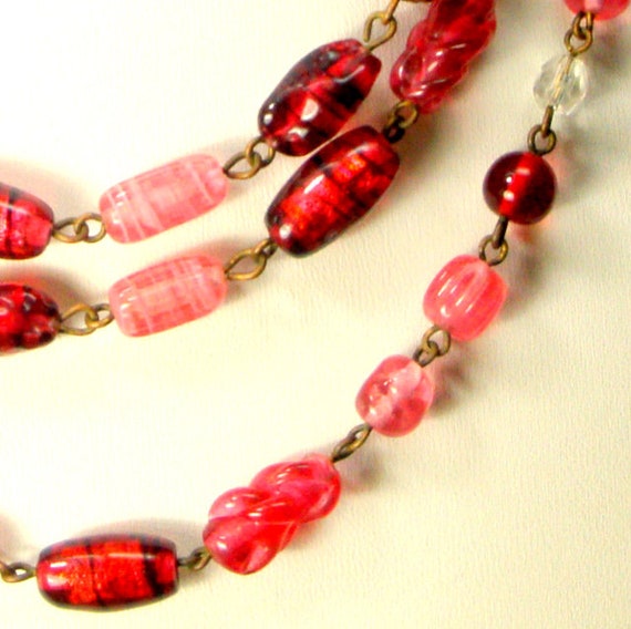 LONG Red & Pink ART Glass Bead Linked 54" Necklac… - image 8