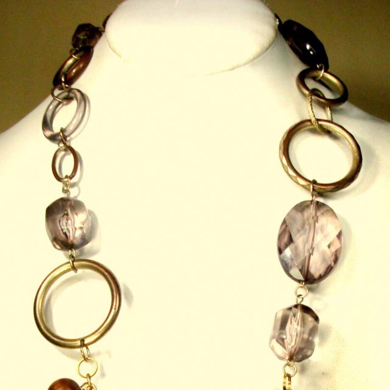 Recycled OOAK By Rachelle Starr Brown Wood Bead Cluster BIB Necklace On Brasstone Chain w Transparent Big Beads