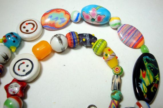 Handmade Porcelain & Glass Beads Necklace by Rachelle Starr, Hippie Boho Bead Soup, 22" Long View 5