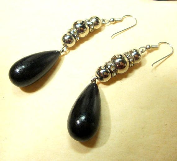 Long Black n Clear Rhinestone Drop Earrings, Brid… - image 7