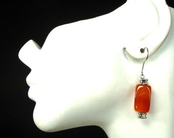 Carnelian Bead Dangle Earrings, Sardonyx, Rust Agate Stone Beads w Silvertone Beads & EarWire Tops,  Rachelle Starr OOAK Recycled