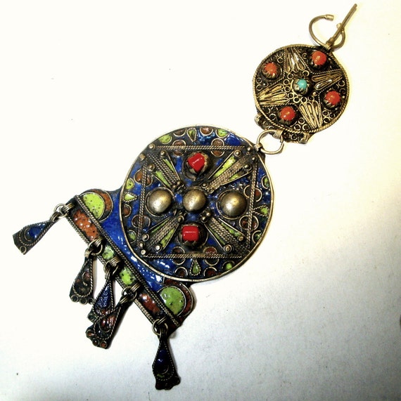 LARGE Antique Moroccan Berber Fibula, ENAMELED Or… - image 1