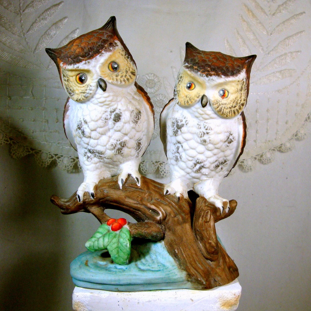 Vintage 1970s Owl Figurine Pair: Matte Glazed Ceramic