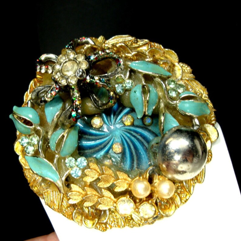 Big Gaudy Spring Handmade Pin w Clip Earrings to Match Goldtone Metal Set Rhinestones /& Blue Enamel Tulips...Plus