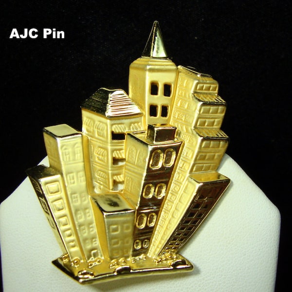 Skyscraper Cityscape Pin, Signed AJC,  American Jewelry Chain Co.  1980s Shiny & Matte Gold, Gotham City Nostalgia Brooch