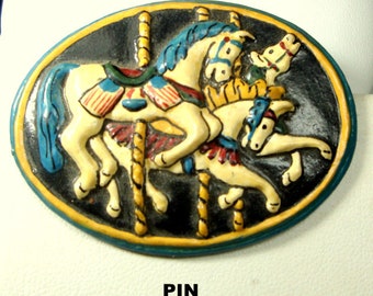 Carousel Horse Pin, 1960s , Hand Painted Oval Resin Brooch w 3 Merry Go Round Horses