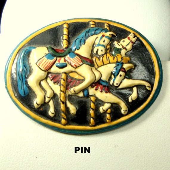 Carousel Horse Pin, 1960s , Hand Painted Oval Res… - image 1