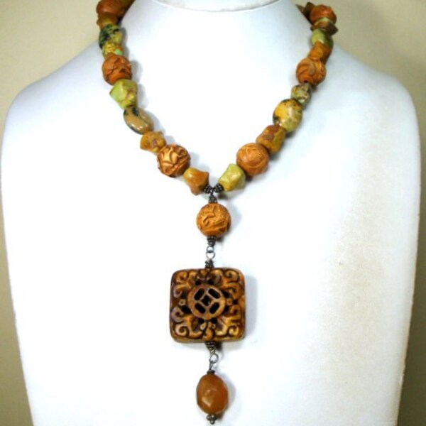 Chinese Carved Brown Wood Animal Beads with Green Turquoise Nugget Bead Necklace & Fortune Long Life Pendant, OOAK Rachelle Starr