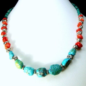 Vintage Turquoise & Coral Bead Necklace: Silvertone Metal, New Mexico Nuggets