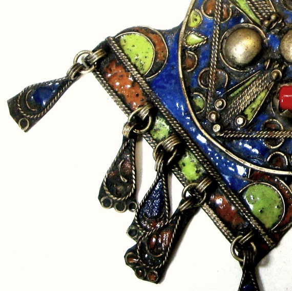 LARGE Antique Moroccan Berber Fibula, ENAMELED Or… - image 4