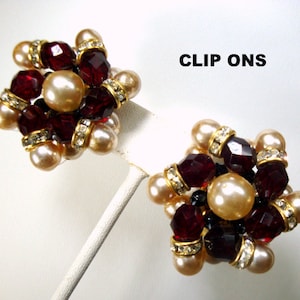 SALE, Trashy GLAM Red Glass Beads, Rhinestone Rondels & Pearls Clip Earrings, 1980s Dramatic Style,  Stagewear, Costume Showy, Imelda Marcos