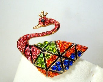 Colorful Bird Pin, Cobalt, Orange, Green on Goldtone Brooch, Fantasy Fancy