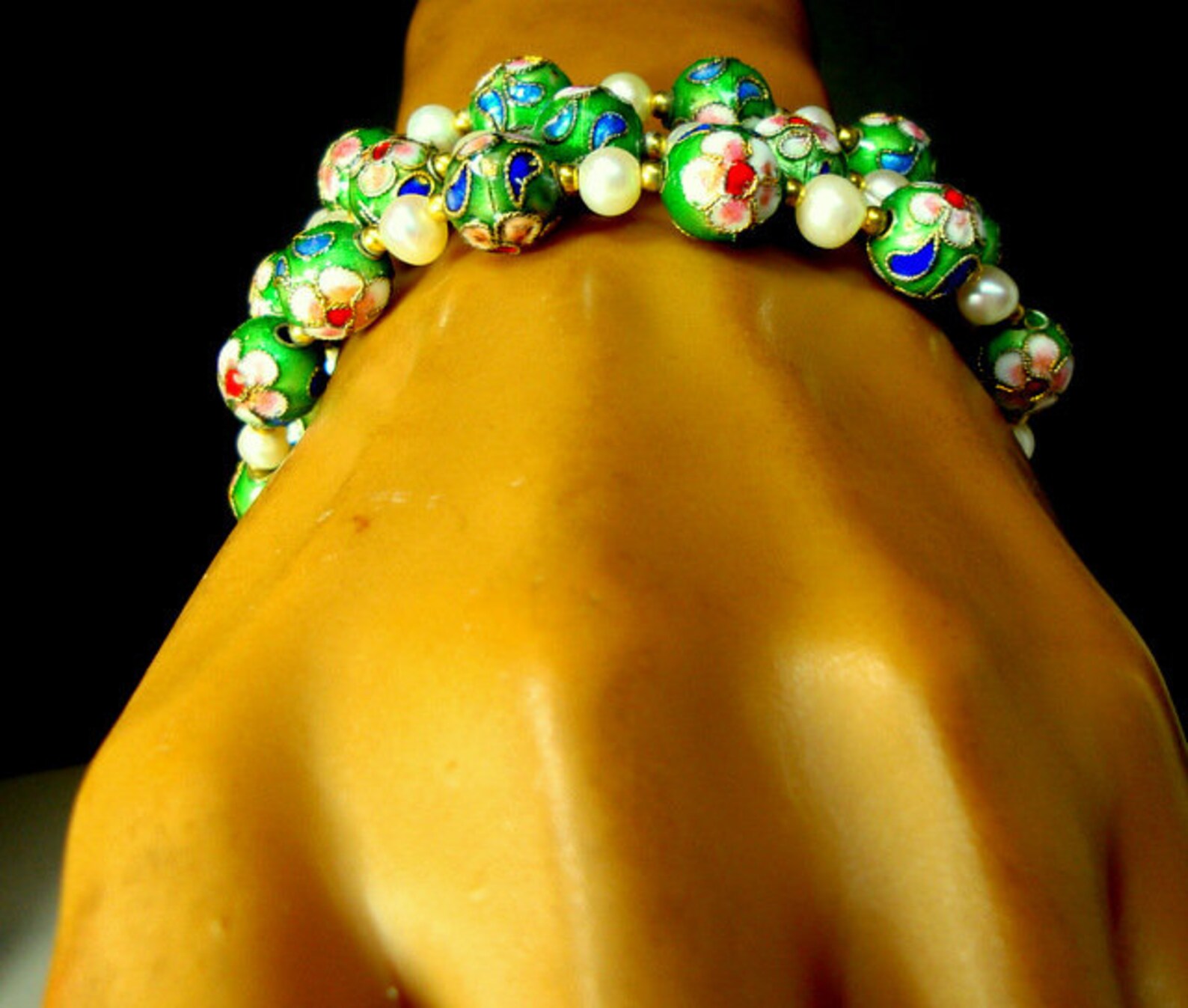 Green Cloisonne Bead Bracelet With White Pearls & Etsy