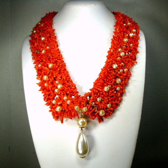 Red Branch CORAL Handsewn Collar Necklace, with P… - image 1