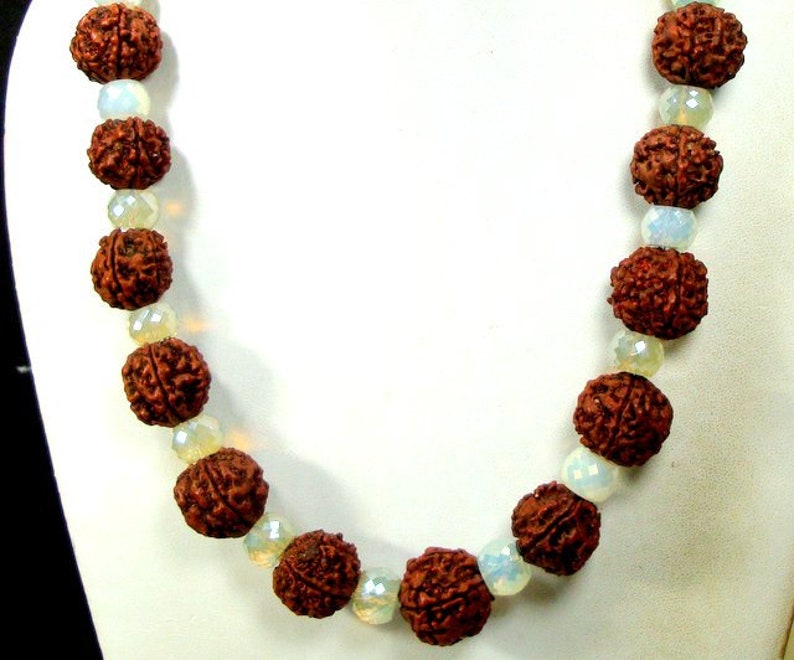 5 Mukhi Rudraksha Sacred Bead Necklace Seeds /& Faceted Opalescent Milk Glass Beads OOAK by Rachelle Starr For The Spiritual Warrior