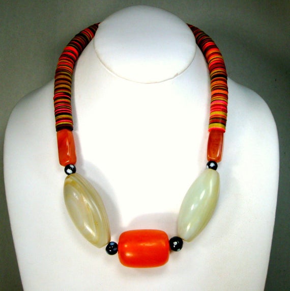AFRICAN Trade Bead Necklace,  Giant White Agates,… - image 3