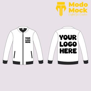 May include: White bomber jacket with a black zipper and black ribbed cuffs and waistband. The jacket has "YOUR LOGO HERE" printed on the front and back.