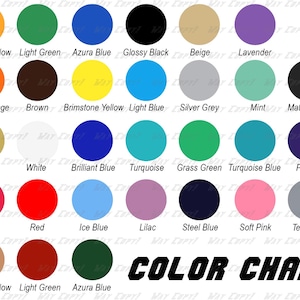 May include: Colour chart with 30 different colour swatches. The colours include golden yellow, light green, azura blue, glossy black, beige, lavender, light orange, brown, brimstone yellow, light blue, silver grey, mint, matte black, gold, white, brilliant blue, turquoise, grass green, turquoise blue, purple, pink, red, ice blue, lilac, steel blue, soft pink, tele grey, and azura blue.
