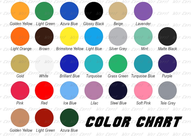 May include: Colour chart with 30 different colour swatches. The colours include golden yellow, light green, azura blue, glossy black, beige, lavender, light orange, brown, brimstone yellow, light blue, silver grey, mint, matte black, gold, white, brilliant blue, turquoise, grass green, turquoise blue, purple, pink, red, ice blue, lilac, steel blue, soft pink, tele grey, and azura blue.