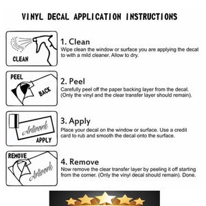 May include: A set of four illustrated steps for applying a vinyl decal. The steps are: 1. Clean, 2. Peel, 3. Apply, 4. Remove. The steps are illustrated with simple drawings of a spray bottle, a decal, a credit card, and a hand peeling off a clear transfer layer. The text "PLEASE LEAVE US A 5 STAR REVIEW!" is at the bottom of the image.