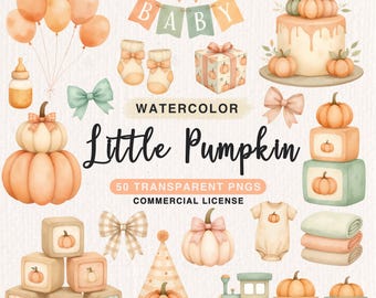 Watercolor Little Pumpkin Baby Shower Clipart Bundle, Boho Pastel Gender Clipart, Newborn Nursery PNG, Autumn Baby PNG, Commercial Use