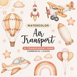 Watercolor Air Transport Clipart Bundle, Airplane Kids Nursery Clipart, Baby Cute Plane Illustration, Baby Boy Brown, Mustard, Beige Clipart