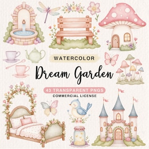 Aquarel droomtuin clipart, Floral Secret Garden clipart, Fairy Garden illustratie, babymeisje kinderkamer png, graphics verjaardagsfeestje