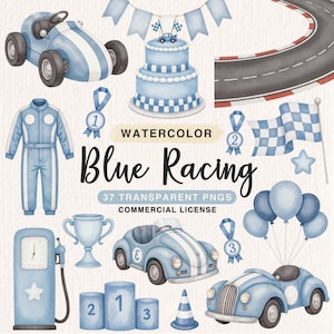 Aquarel blauwe racewagen clipartbundel, blauwe raceauto clipart, babyjongen verjaardag illustraties, vintage racewagen digitaal, commercieel gebruik