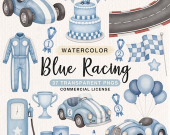 Watercolor Blue Racing Clipart Bundle, Blue Race Car Clipart, Baby Boy Birthday Illustrations, Vintage Racing Car Digital, Commercial Use
