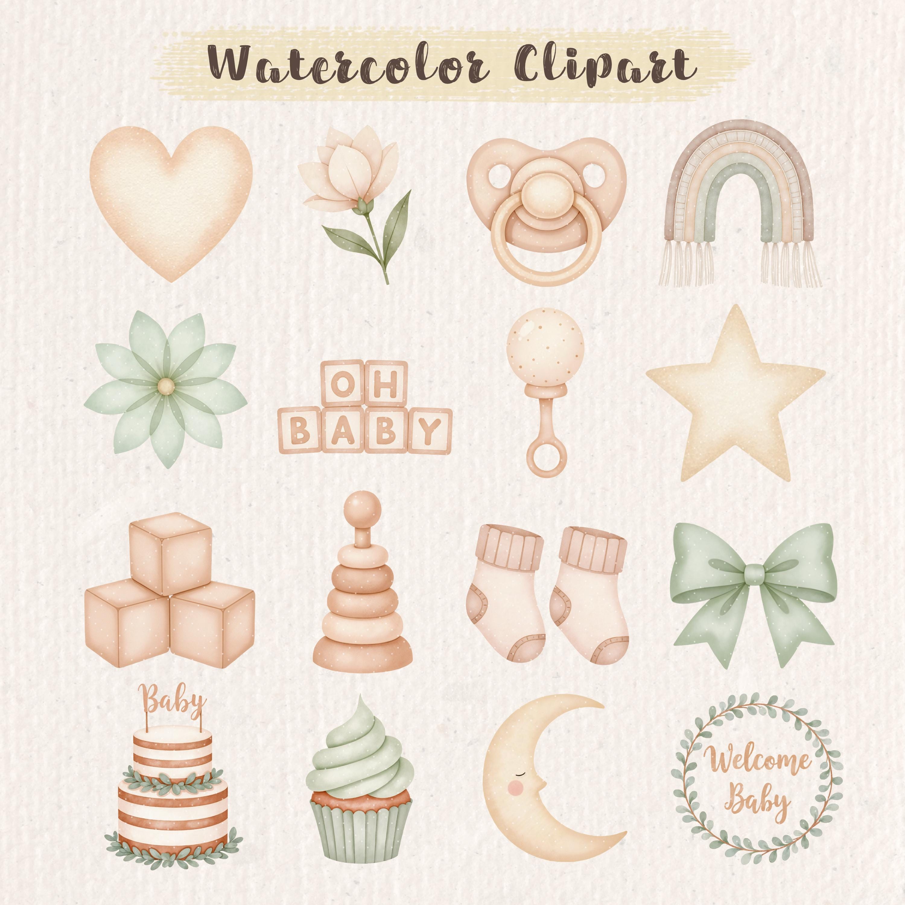 Watercolor Neutral Baby Shower Clipart Bundle, Boho Beige Gender ...