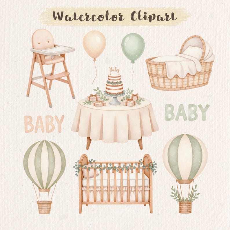 Watercolor Neutral Baby Shower Clipart Bundle, Boho Beige Gender ...